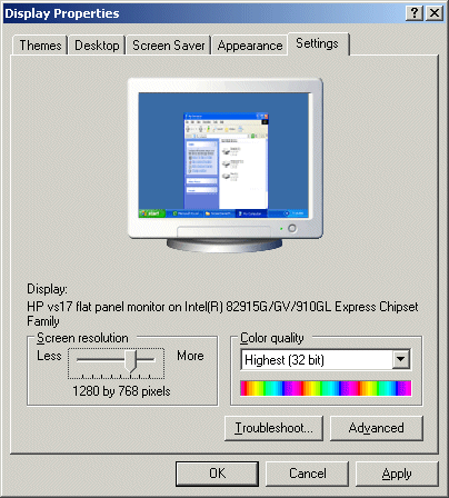 Screen Resolution Dialog for Windows XP