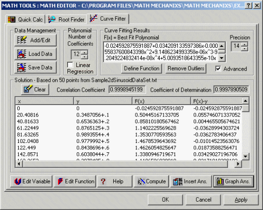 Math Tools Curve Fitting Utility